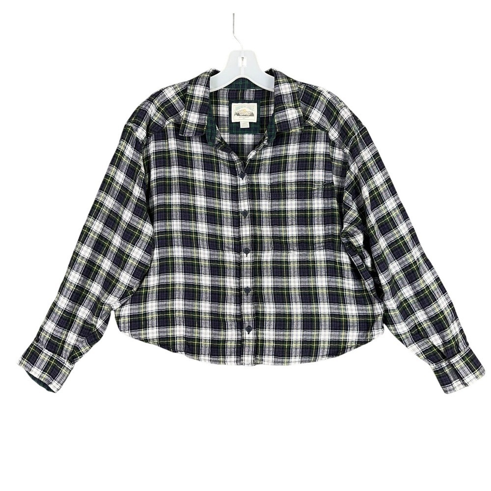 American Eagle Cropped Flannel Shirt Plaid Long Sleeve Button Down S Womens